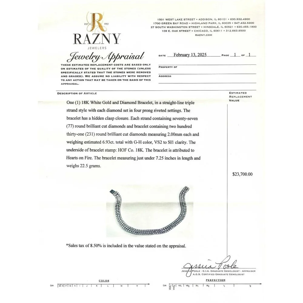 Hearts On Fire 6.93 ctw Natural Diamond Triple Strand Bracelet 18k White Gold - Picture 10 of 10